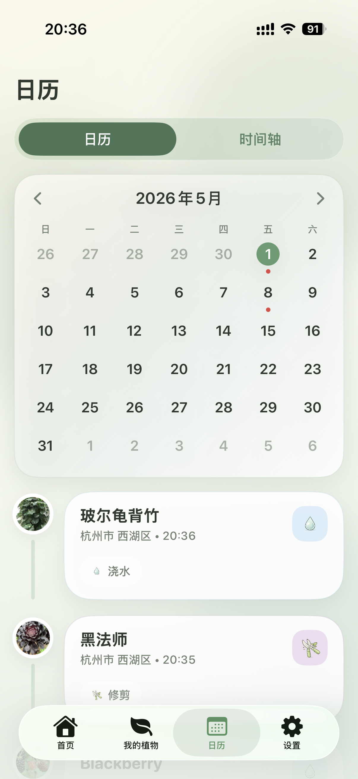Florea calendar screen showing plant care events.
